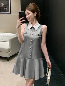 DAZY 女士优雅撞色领假口袋无袖迷你连衣裙，夏季吊带裙 - 黑色 - 查看 3