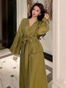 DAZY Bộ đồ 2 món thanh lịch dành cho nữ: áo sơ mi thắt eo và chân váy dài, thích hợp cho mùa hè. - màu xanh lá - Xem 9