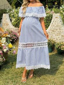 SHEIN 孕妇时尚条纹花卉蕾丝边连衣裙 - 藍白色 - 查看 3