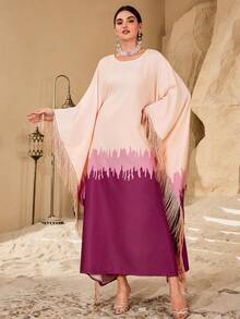 Al Najma Women's Ombre Casual Elegant Asymmetrical Tassel Batwing Sleeve Arabic Style Dress - Coral Pink - View 3