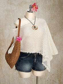 SHEIN ICON 大码性感薄纱沙滩罩衫，米色水溶蕾丝边钩编薄纱罩衫（女士款） - 米色 - 查看 5