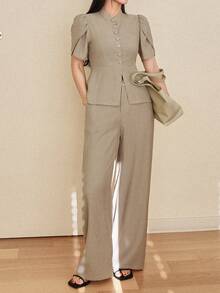 Dazy-Less Women's Solid Color Stand Collar Single-Breasted Short Sleeve Top And Wide Leg Pants Casual Commute Travel Suit Set Business Casual Woman - Khaki - View 3