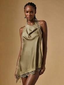 Briarwyn Atasan Halter Seksi Tanpa Punggung dengan Detail Renda Warna Polos untuk Wanita - Khaki - View 5