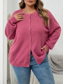 SHEIN CURVE+ 大码休闲纯色开衫，秋冬季 - 藕粉色 - 查看 4