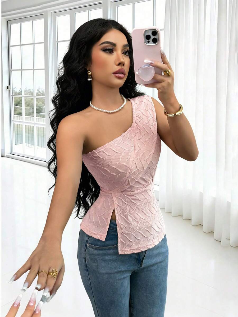 Elenzga 女士时尚纹理面料不对称下摆浪漫优雅休闲通勤约会派对晚宴上衣，春夏款 - 粉色 - 查看 1