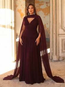 Aureia Saia Evasê A-Line Super Ampla com Decote V em Tule Brilhante Bordô, com Alça Destacável, Elegante em Plus Size, Adequada para Encontros, Festas de Solteiros, Casamentos, Eventos, Vestidos de Dama de Honra - Vermelho - Visão 9
