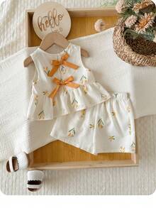 女宝宝可爱度假风花卉图案蝴蝶结装饰吊带背心和松紧腰裤套装 - 黃色 - 查看 4