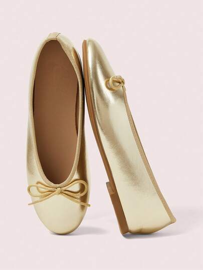 CUCCOO DOLLMOD 女士金色圆头可爱蝴蝶结装饰法式芭蕾舞鞋，PU材质，适合通勤、派对、假日装扮，四季皆宜