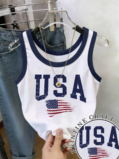Resyla USA Flag Print Contrast Color Round Neck Cropped Tank Top For Women