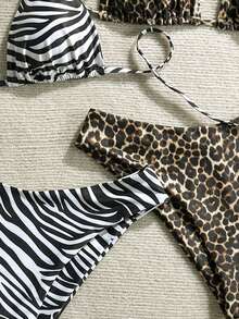 Swim Vcay 2026春夏吊带黑白斑马纹+黑棕豹纹吊带露背高衩丁字裤比基尼四件套泳衣，适合度假和派对穿着 - 彩色 - 查看 5