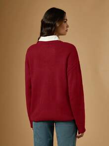 Briarwyn 女士休闲宽松卡通熊图案圆领落肩长袖毛衣 - 紅色 - 查看 5