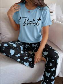 少女蓝色短袖蝴蝶印花上衣搭配宽松黑色针织裤，休闲优雅两件套家居服/睡衣套装 - 藍色 - 查看 3