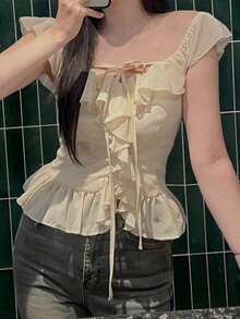 DAZY 女士方领荷叶边腰身优雅夏季衬衫 - 黃色 - 查看 8