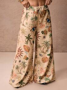 ROMWE PETITE Hippie Vacation Moon & Star Print Women Pants - Apricot - View 6