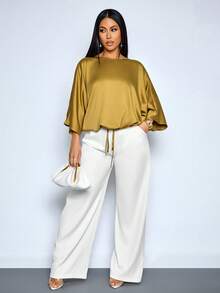 SOLERSUN Women's Elegant Loose-Fit Casual Party Luxury Satin Batwing Sleeve Blouse With Drawstring Hem - Mustard Yellow - View 8