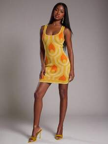 NYA SZN Đầm ôm sát, họa tiết in, thích hợp cho các dịp đặc biệt, kỳ nghỉ, du lịch, sân bay, hàng ngày, đi chơi, buổi tối, kín đáo, cổ điển, mùa thu đông, phù hợp cho trang phục đi làm, dành cho nữ. - trái cam - Xem 3