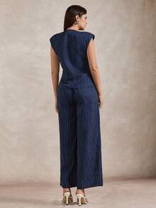 Briarwyn Women's Casual, Work, Commute V-Neck Striped Print Fitted Blouse And Belted Wide Leg Pants Set, Spring/Summer - Navy Blue - View 6