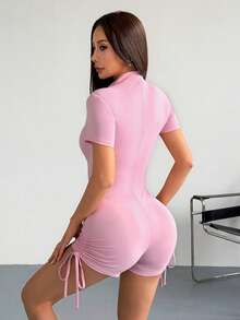 Lyxana Women's Solid Color Stand Collar Zipper Fitted Short Sleeve Jumpsuit - Pink - View 2