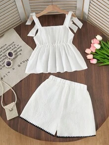 女童休闲度假白色修身吊带背心，夏季上衣，柔软修身，时尚设计，适合度假、旅行、校园、日常穿着 - 白色 - 查看 3