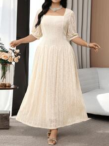 Feyla Plus Size Women's Square Neck Puff Sleeve Elegant Lace Dress - Apricot - View 6