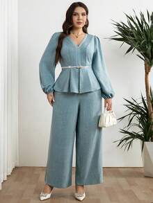 Modelyn Conjunto informal de 2 piezas de talla grande para mujer con blusa de manga farol plisada de cuello en V y pantalones de pierna ancha - Verde - Ver 8