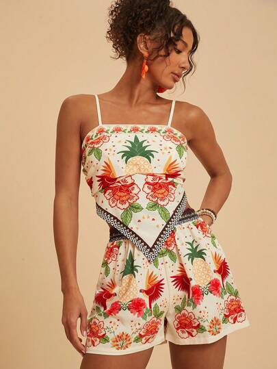 Travachic Women's Summer Floral Print Asymmetric Hem Camisole And Shorts 2 Pieces Set