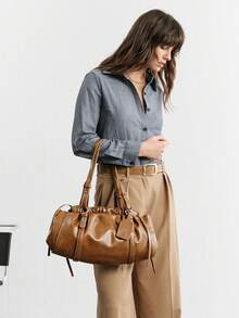 SHECARRY Bolso de hombro minimalista y versátil de color marrón con estilo retro - Marrón - Ver 8