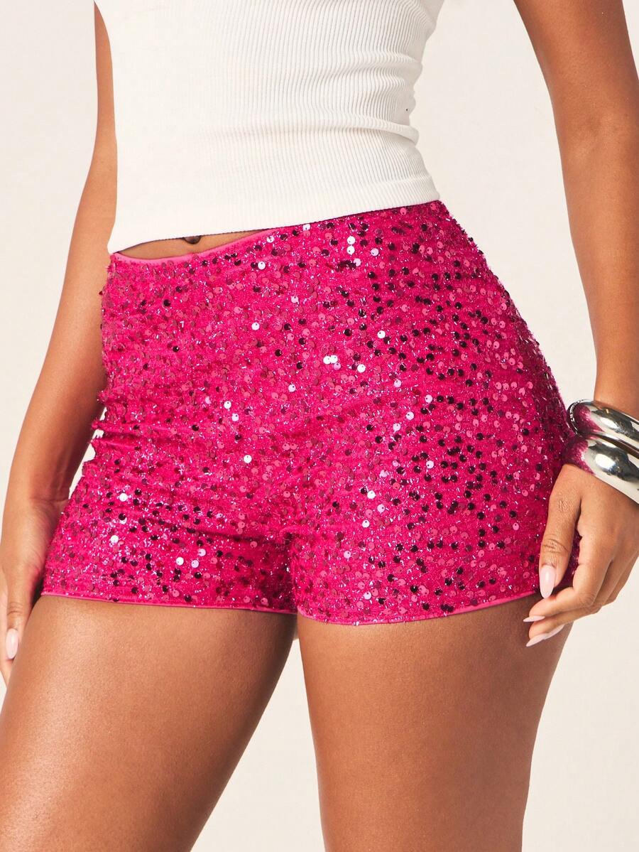 MISSGUIDED Sequined High Waisted Shorts Festival Party Club Mini Hot Pants Summer Sparkle Glitter Bottoms - Hot Pink - View 1