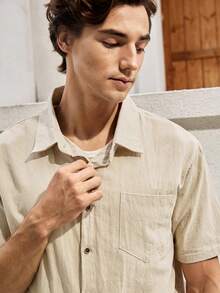 Ensemble de tenue en lin pour hommes Mercer Haus, chemise à manches courtes & pantalon, pour les vacances d'été et les tenues de plage - Kaki - Voir 7
