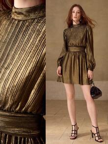 MOTF PREMIUM FASHIONABLE METALLIC GLITTER PLEATED TEXTURE LANTERN SLEEVE RUCHED MINI DRESS - Gold - View 2
