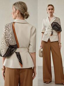 MOTF PREMIUM Blazer de manga corta de color albaricoque con bufanda desmontable, elegante vestimenta de oficina para mujeres - Albaricoque - Ver 7