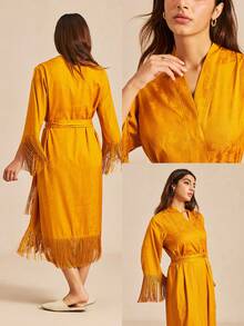 All-Season Mustard Satin Robe Comfortable Tie-Waist Sleep Gown With Fringe Trim Loose-Fit Midi Robe With Fringe Details Pyjama - Yellow - View 4