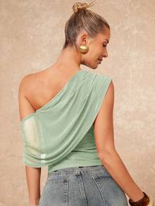 Lumalex 女士纯色褶皱斜肩休闲衬衫 - 綠色 - 查看 2