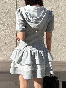 FRIFUL 女士蕾丝拼接连帽花瓣袖蛋糕裙迷你甜美夏日连衣裙 - 灰色 - 查看 3