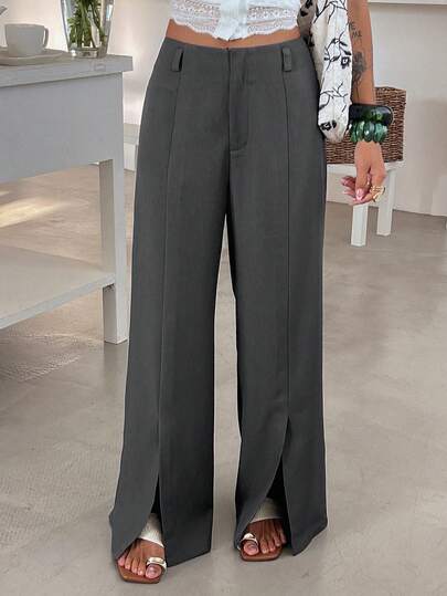 Strévra Women's Casual Everyday/Office Commute Solid Color Split Hem Loose Wide Leg Pants