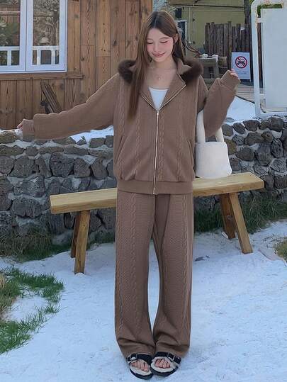 DAZY 女士休闲纯色连帽衫和裤子两件套，秋冬家居服套装