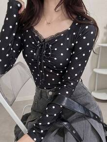 FRIFUL Women's Casual Dot Print Ruched Bust Twist Lantern Sleeve Lace Trim Fitted T-Shirt, Suitable For Spring, Summer And Autumn, Commuting And Vacation - Black - View 2