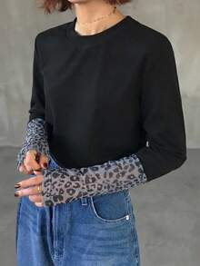 FRIFUL Camiseta casual de manga larga y cuello redondo con estampado de leopardo en patchwork, versátil, para otoño/invierno - Negro - Ver 4
