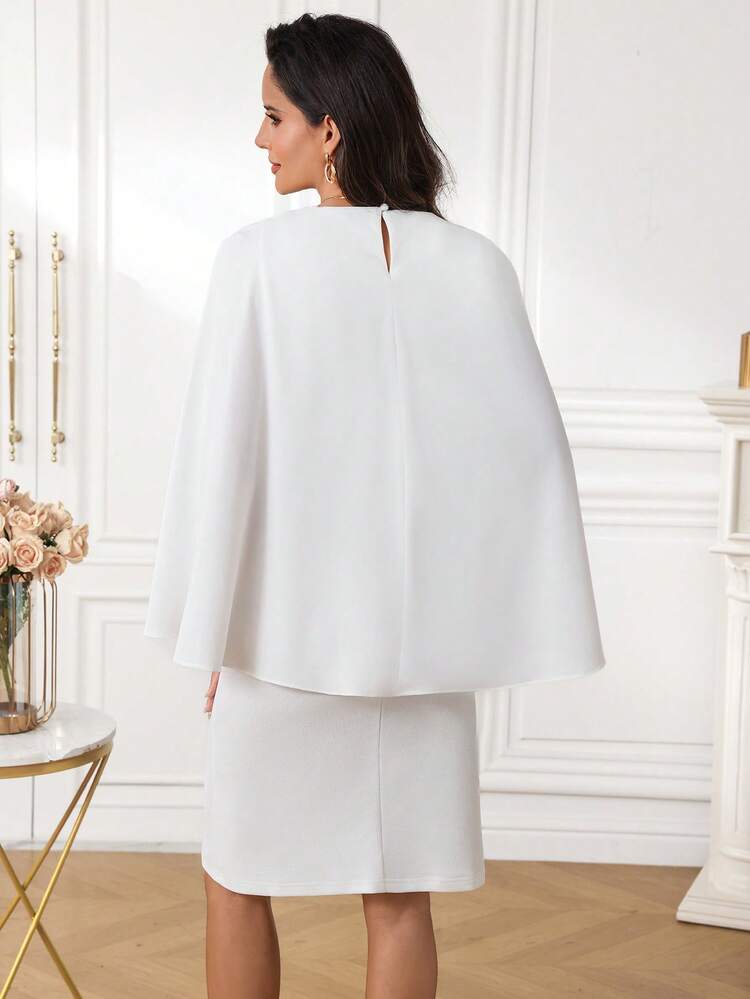 Miaspire Women's Elegant Solid Color Round Neck Fitted Mid-Length Dress, Summer Dress,Knee-Length Dress, White DRESS,Going Out Dress - White - View 2