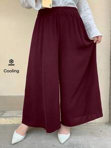 Dazy Plus Elastic Waist Solid Color Wide Leg Pants/Culottes, Burgundy, All Season, Plus Size Women - Burgundy - View 8