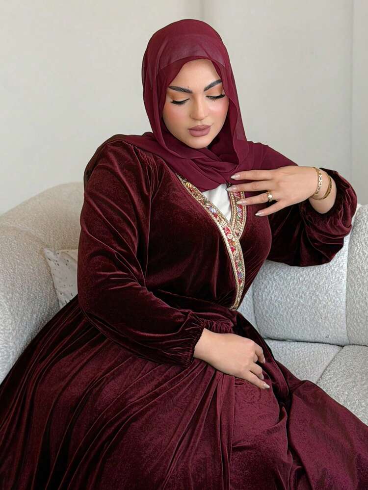 Dazy Plus Valentine Rhinestone Decor Velvet Elastic Bodycon Tie-Waist Dress With Lantern Sleeves, Burgundy