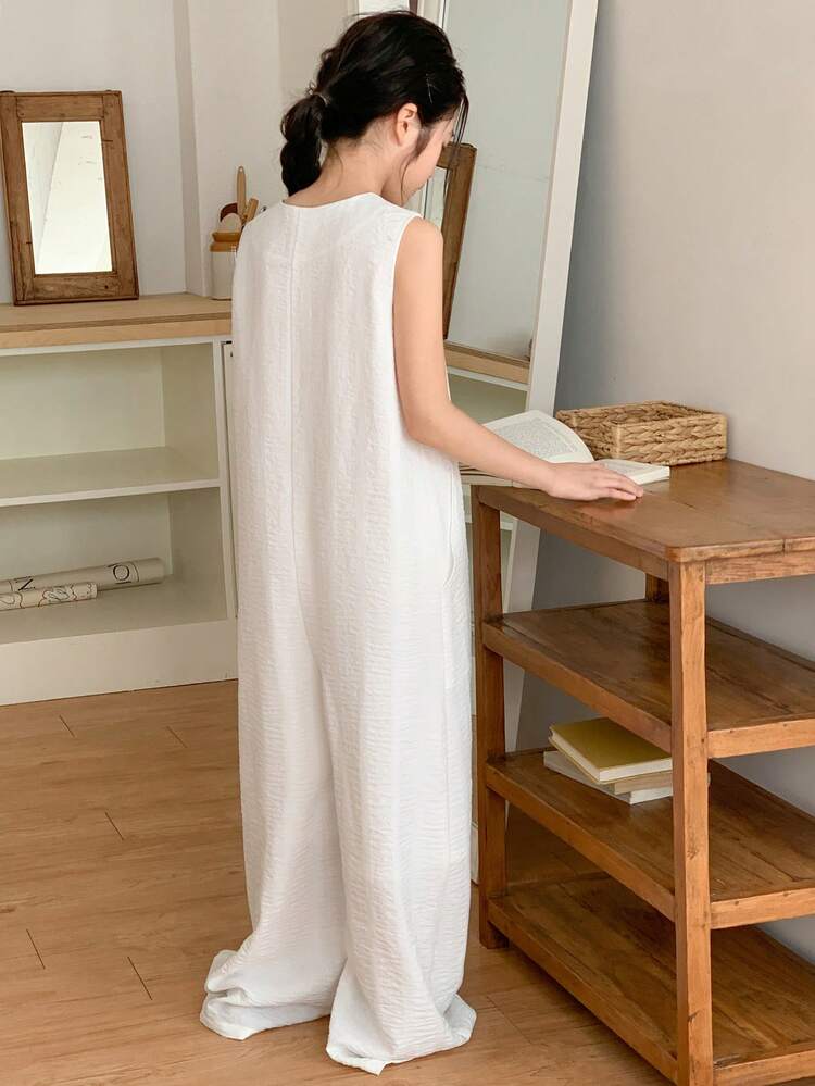 Tween Girl Solid Color Single-Breasted Pocket Wide Leg Loose Casual Sleeveless Jumpsuit