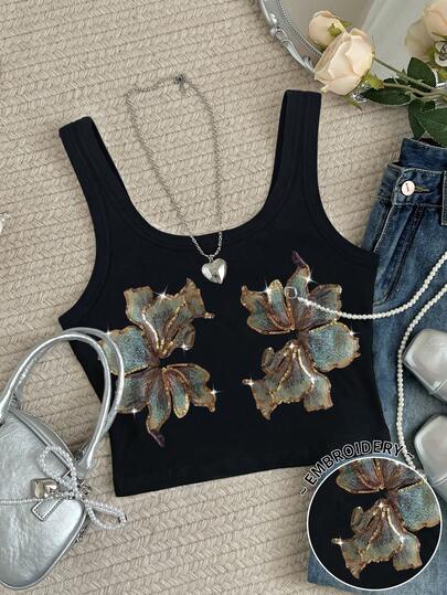 Glimmora Top ajustado casual de mujer con cuello cuadrado con flores y lentejuelas