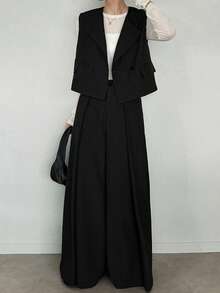 FRIFUL 纯色无袖背心上衣和阔腿褶皱西装裤套装，宽松休闲百搭套装 - 黑色 - 查看 5