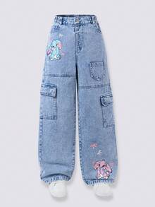 SHEIN One Piece 2026春夏新款浅蓝色高腰卡通印花工装阔腿牛仔长裤，大码女童弹力腰多口袋宽松直筒拖地裤，休闲酷炫个性街头风百搭品牌阔腿裤 - 淺色水洗藍 - 查看 7