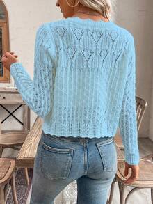 Rafferiza Áo khoác cardigan dệt kim cổ tròn khoét lỗ phía trước dành cho nữ, thích hợp cho mùa Thu/Đông. - Màu xanh nhạt - Xem 2