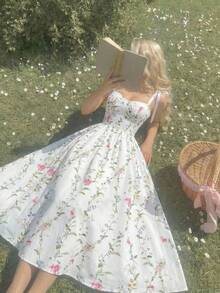 SHEIN MOD 女士印花系带露肩优雅中长连衣裙，适合度假 - 彩色 - 查看 2