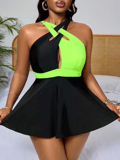 Slaydiva 2026 New Plus Size Women 2-Piece Solid Color Black Patchwork Metallic Green Fashionable Casual Vacation Daily Wear Adjustable Thick Strap High Waist Triangle Bikini Swimsuit