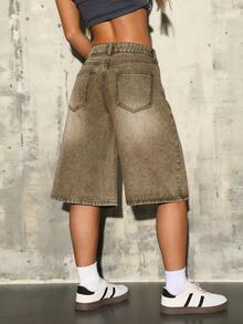 SHEIN ICON Quần short denim nữ kiểu dáng thường ngày, có túi và cúc. - màu nâu - Xem 2