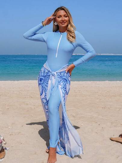 Swim Mulvari Set de 3 piezas de monos de playa de moda: Parte superior de manga larga con cremallera de unicolor + Pantalones de cintura elástica de unicolor + Falda de malla estampada